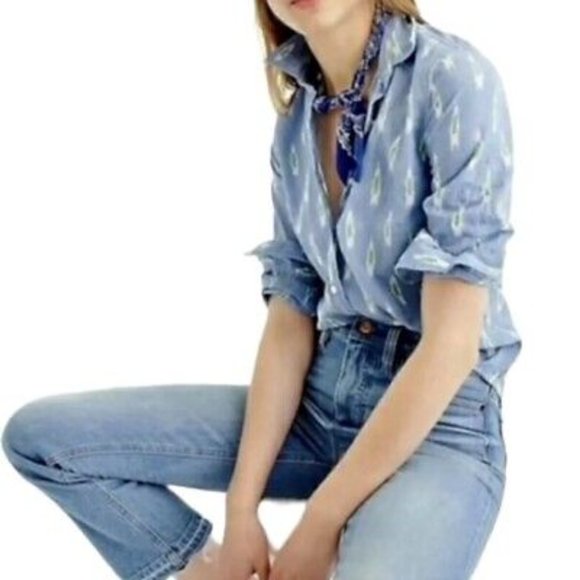 J. Crew Tops - J. Crew Blue Ikat Print Tie Knot Waist Button Up Shirt Sz XXS Like NEW!